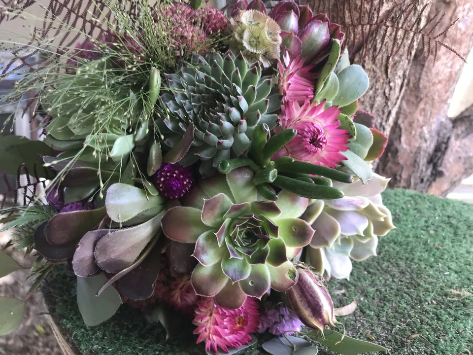 Sculptural basket arrangement with succulents, dark flowers, pale roses, and eucalyptus.