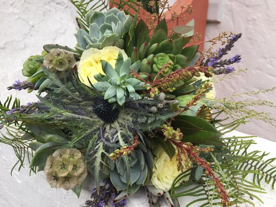 Succulent wreath or sculptural floral piece with green garden texture.